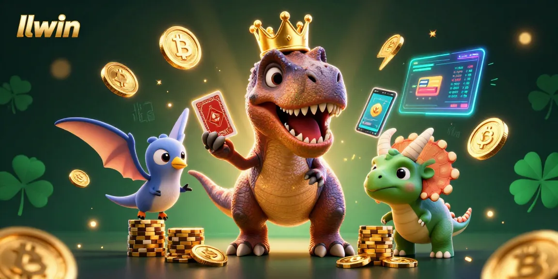 Engage with llwin through thrilling card games led by a T-Rex in a vibrant casino scene.