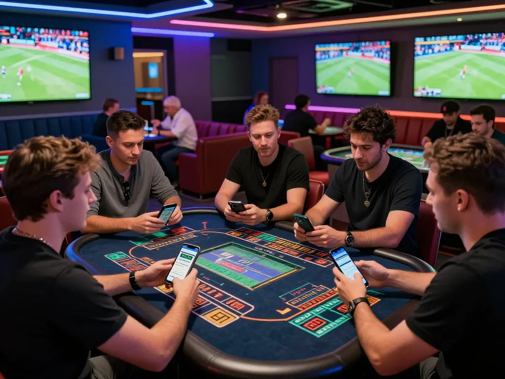Group of friends enjoying sports betting on DEBET app in a lively lounge.
