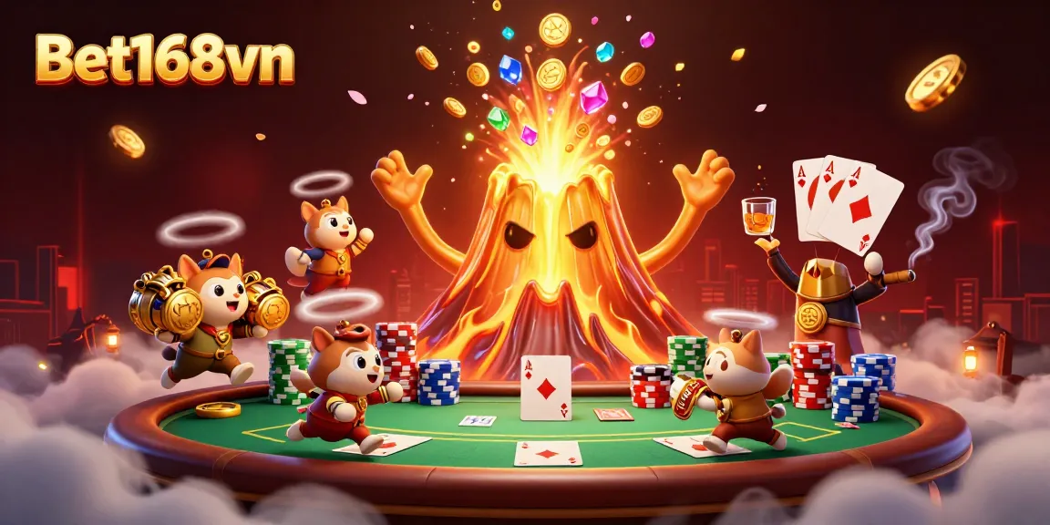 Engage in thrilling gaming adventures with Bet168vn's dynamic 3D illustration showcasing vibrant casino elements.