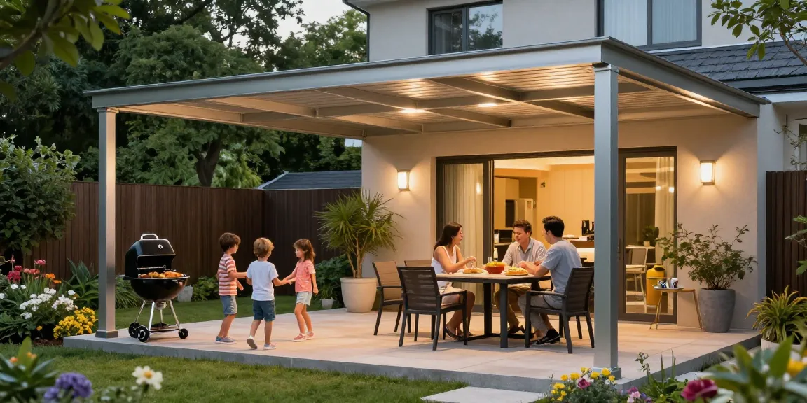 Terrassenüberdachungen in einem modernen Garten mit Familie beim Grillen