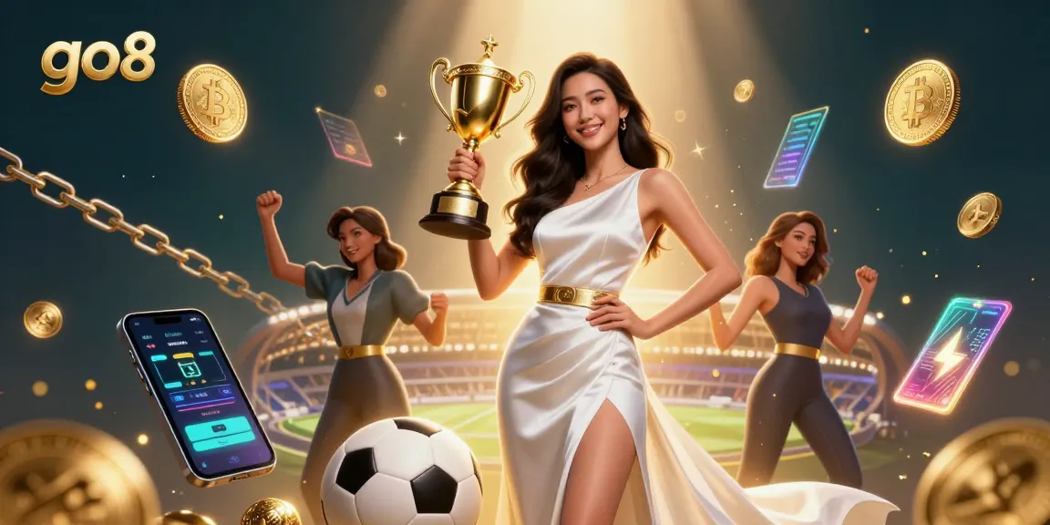 Engage in exciting gameplay at go8, showcasing a victorious Asian woman celebrating sports betting success with vibrant casino elements.