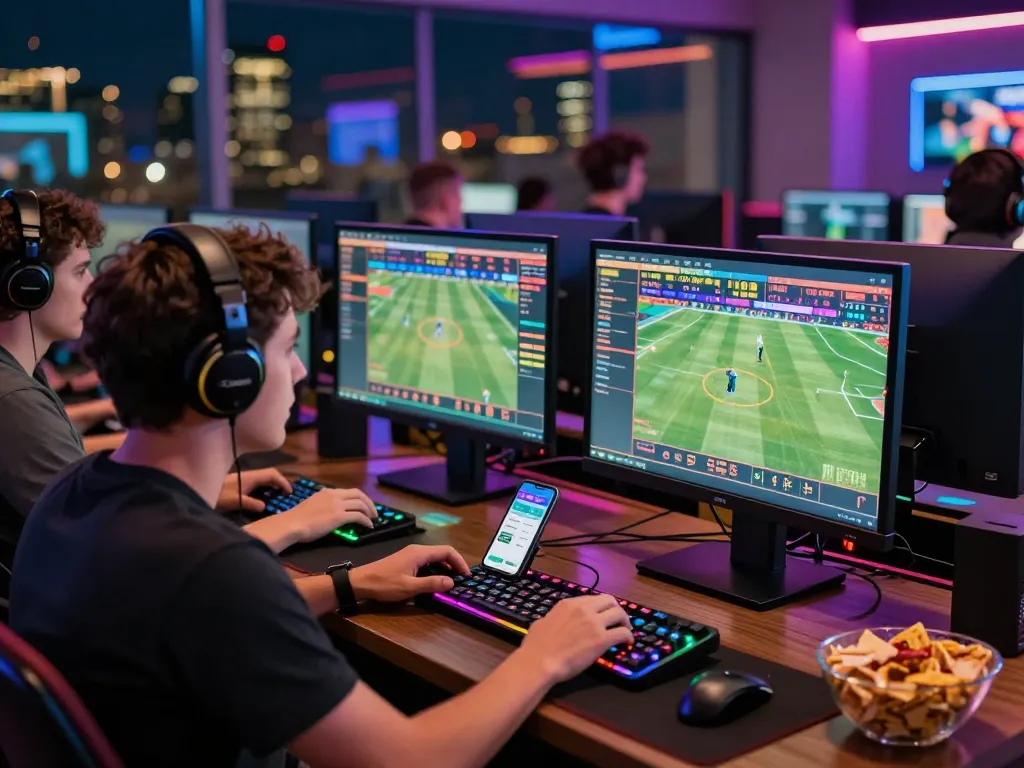 Engaged player in a vibrant online betting setup at five88 gaming platform, surrounded by tech gear and snacks.