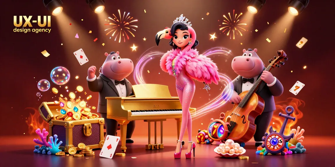 Engage with a vibrant scene showcasing a UX/UI design agency with cartoon characters in a casino setting.