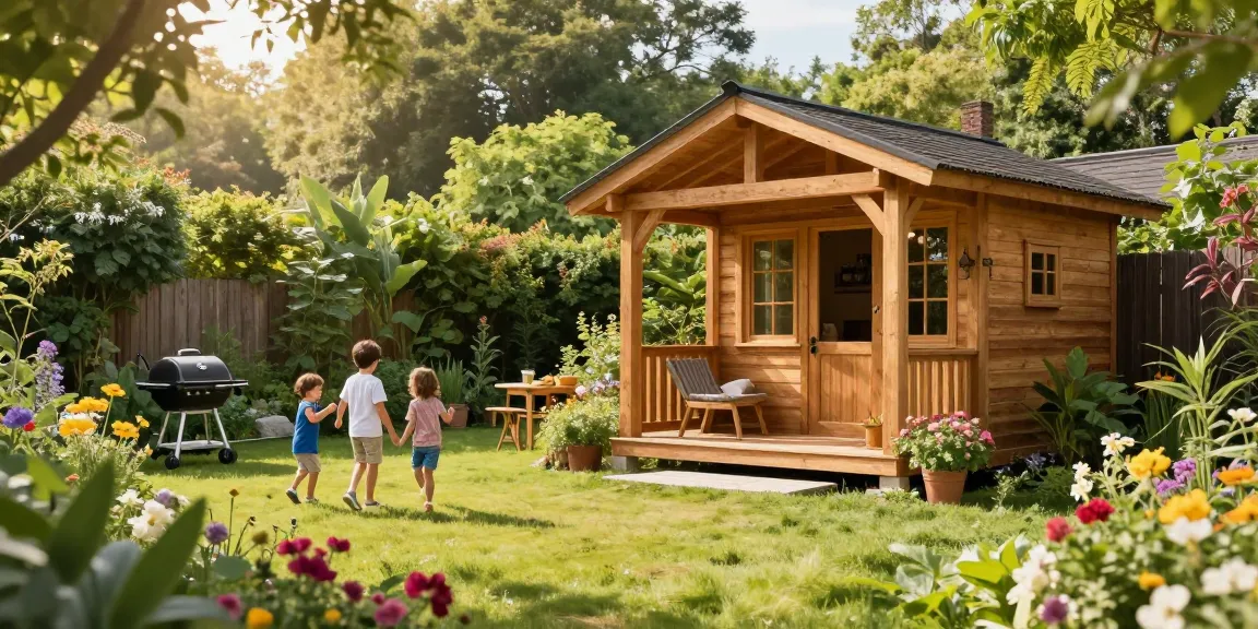 Hochwertiges Gartenhaus Holz im Garten mit Familie und Spielbereich