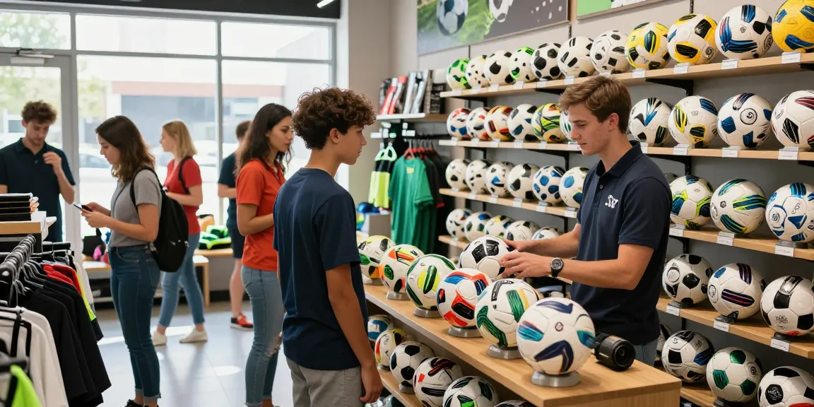 Fußball kaufen in einem lebhaften Geschäft mit hochwertigen Fußbällen und begeisterten Kunden.
