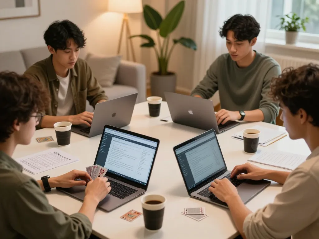 Players strategizing at a poker game using 88xx online platform in a cozy home setting.