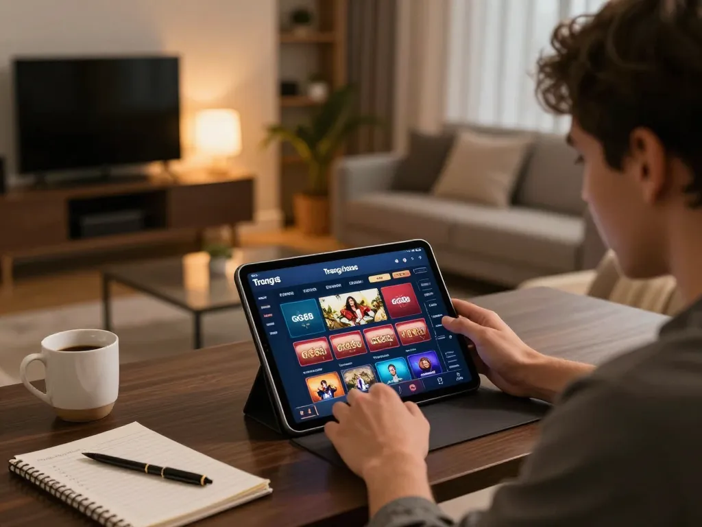 Engaging in online gambling on Trang chủ GG88 with a tablet at a cozy home setting