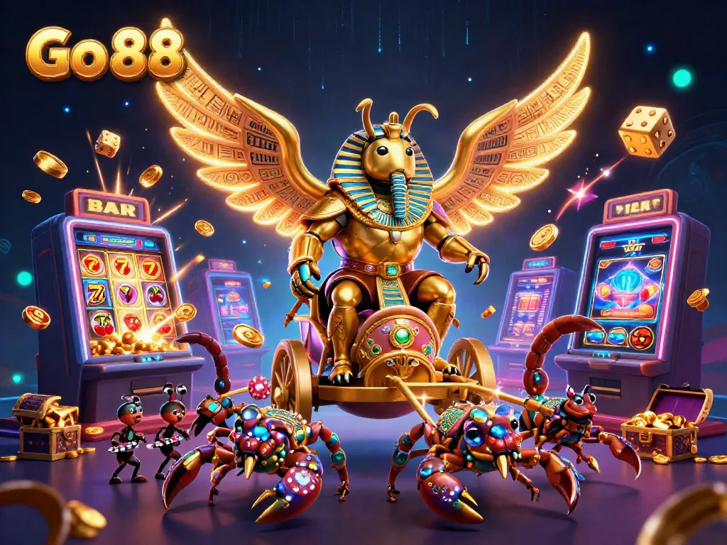 Experience the thrill of Go 88 with our rich casino-themed illustration showcasing slot machines, vibrant colors, and dynamic characters.