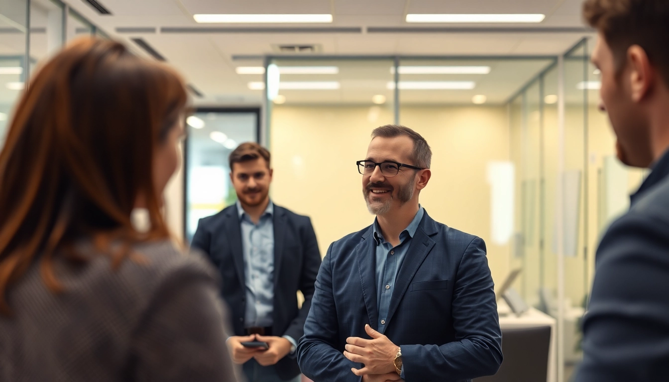 Externe Fachkraft für Arbeitssicherheit berät Mitarbeiter zu Sicherheitsrichtlinien in einem modernen Büro.