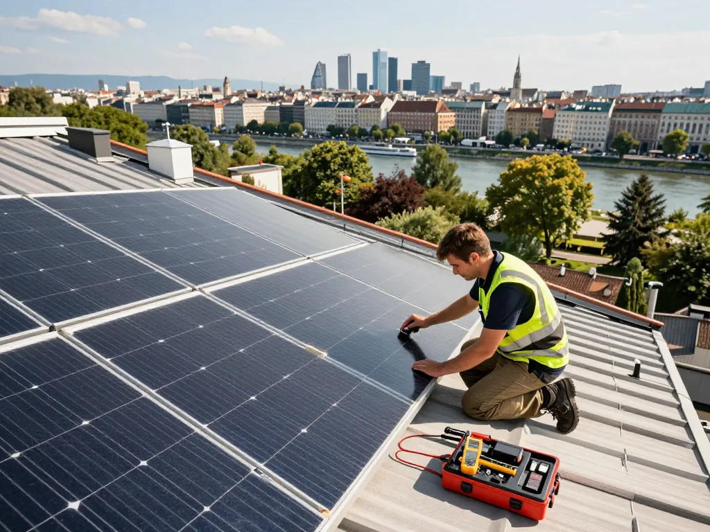 Dachinstallation von Solar Wien, die nachhaltige Energielösungen für Haushalte zeigt.