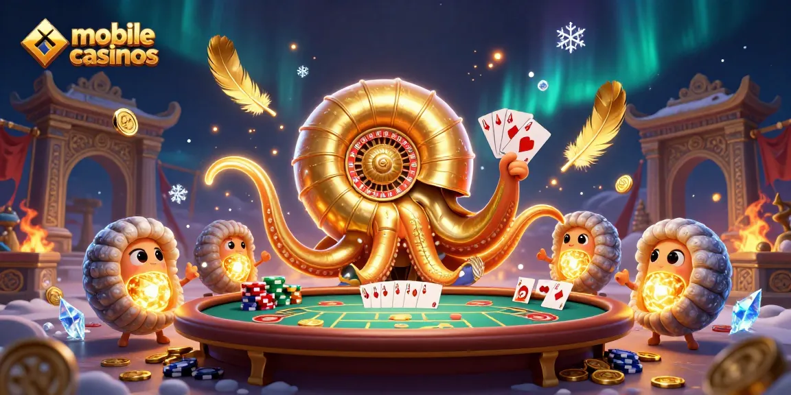 Engage in mobile casinos with a vibrant scene featuring a nautilus and poker elements.