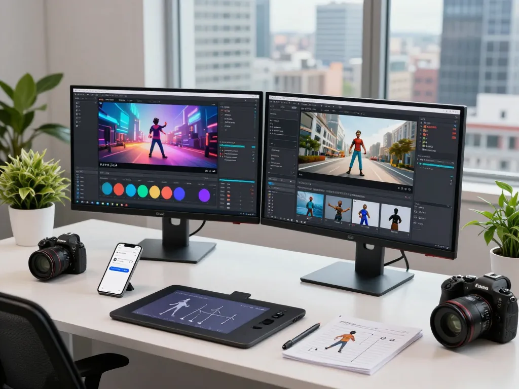 Creating AI videos with free motion control showcased in a tech workspace.