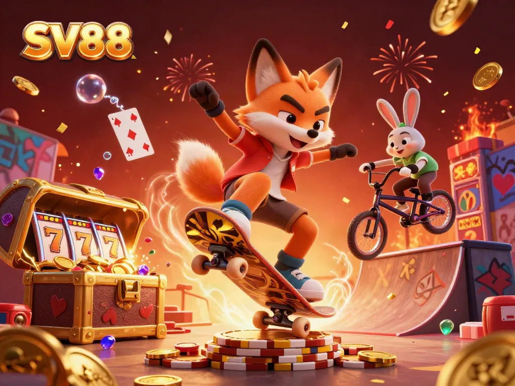 Experience excitement with SV88 as a fox performs tricks on a ramp of poker chips amidst a vibrant casino-themed scene.