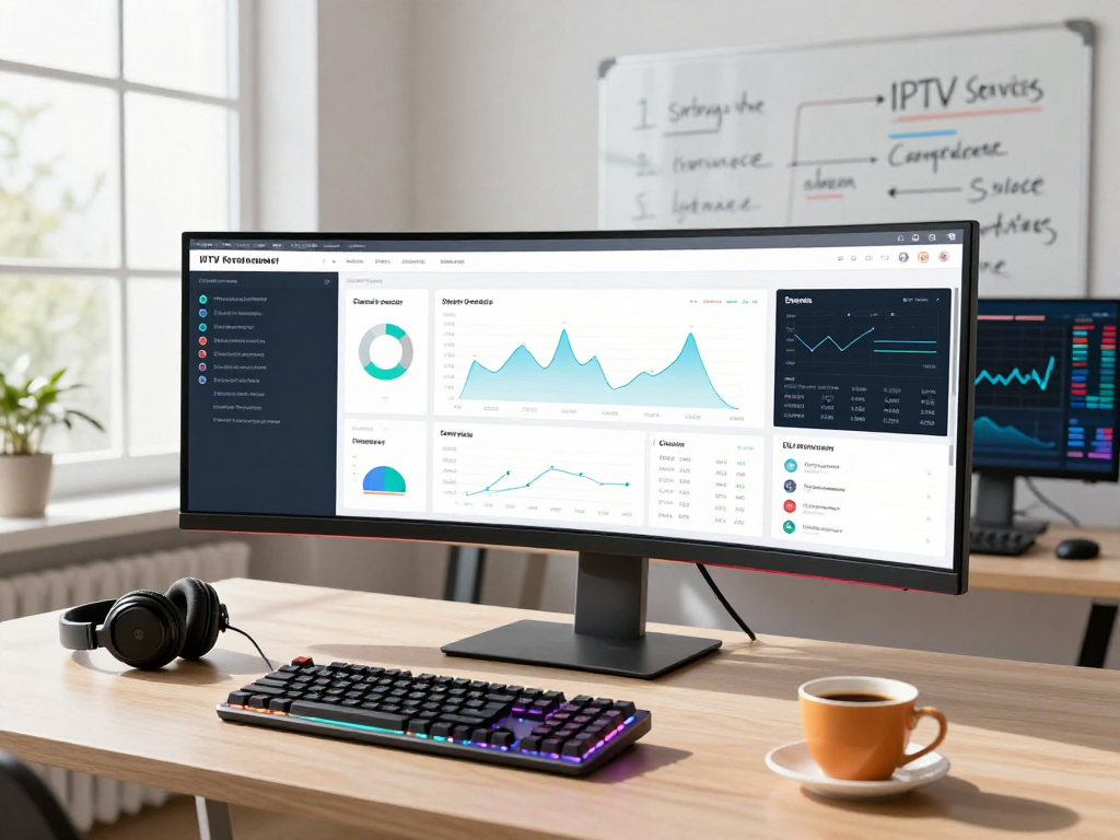 Iptv reseller dashboard analytics in a modern workspace, showcasing software development, cloud computing, and digital platforms.