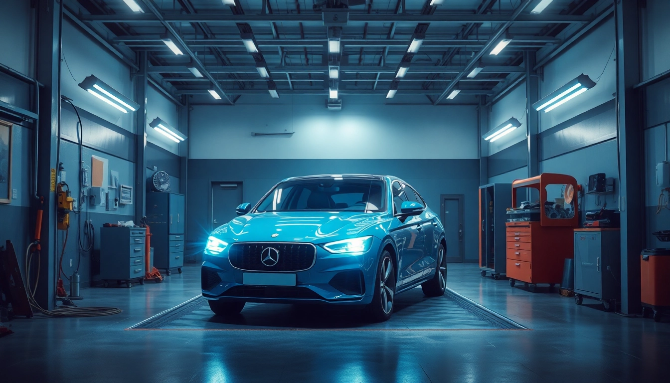 Kratzer Reparatur Auto München in einer modernen Werkstatt mit einem glänzenden Auto im Vordergrund.
