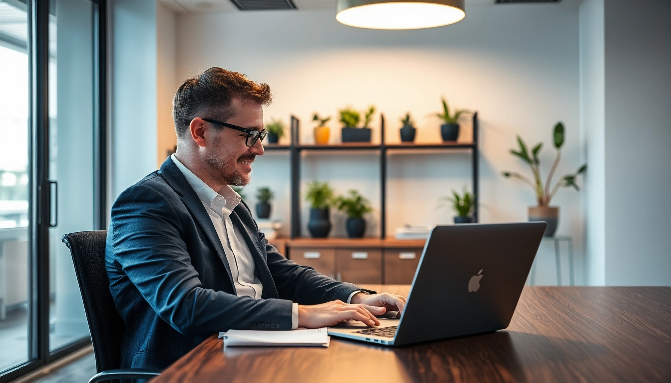 Professioneller Headhunter Karlsruhe at work in a modern office setting, engaging with clients and technology.