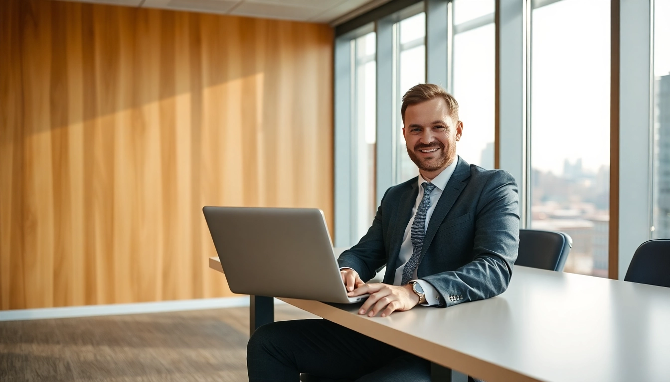 Headhunter im modernen Büro, der konzentriert mit einem Laptop arbeitet.