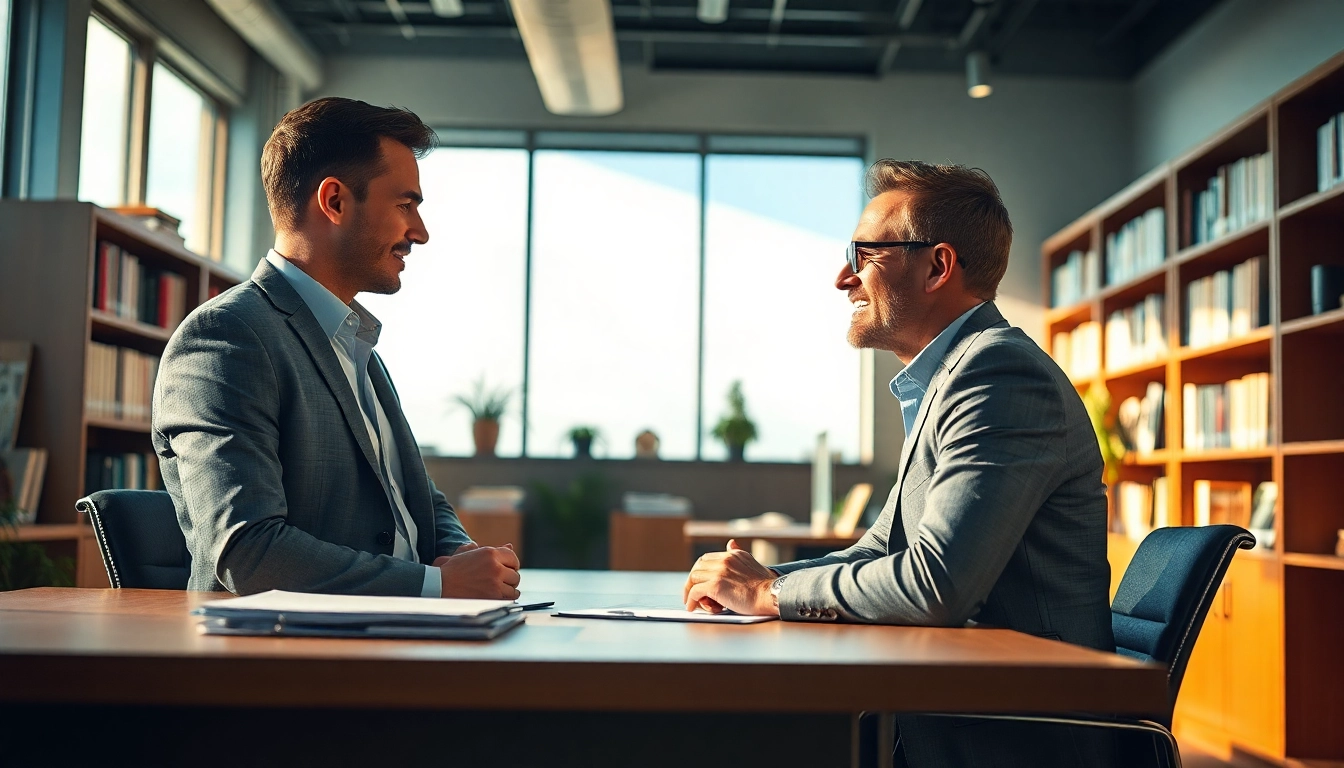 Headhunter Hagen im Gespräch mit Klienten am modernen Arbeitsplatz.