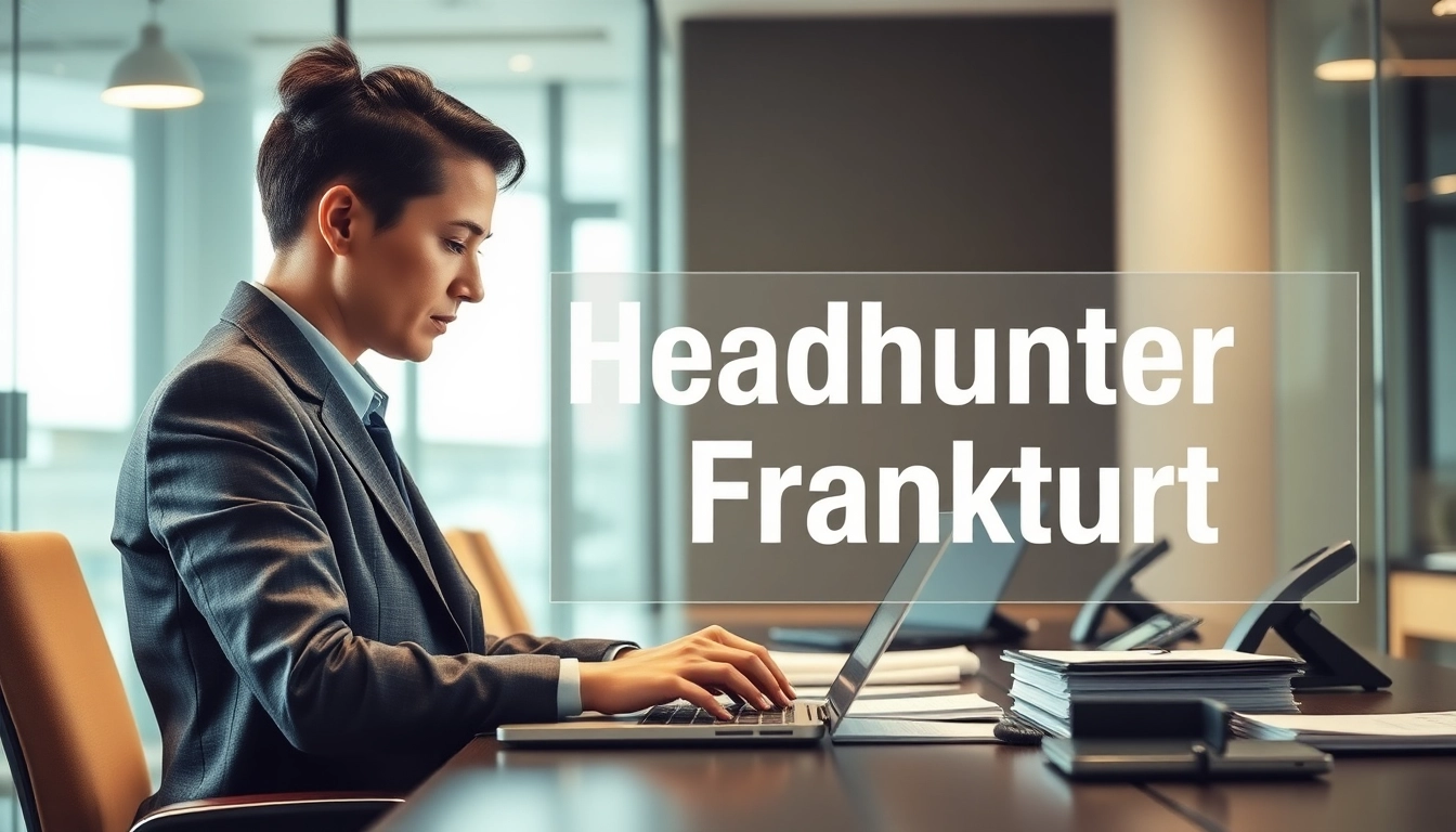 Headhunter Frankfurt bei der Arbeit in modernem Büro, umgeben von vertraulichen Dokumenten und Laptop.