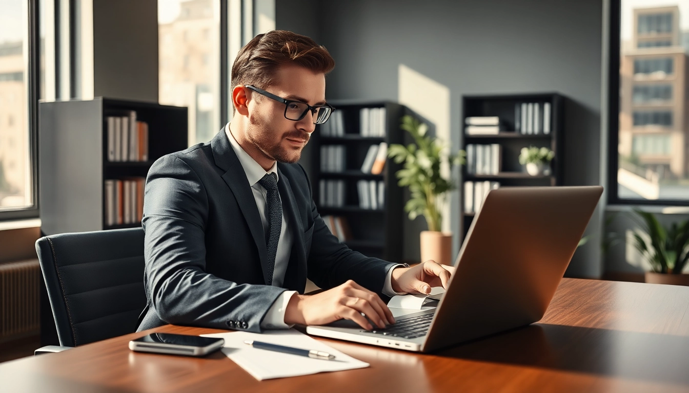 Professioneller Headhunter arbeitet konzentriert im modernen Büro am Laptop.