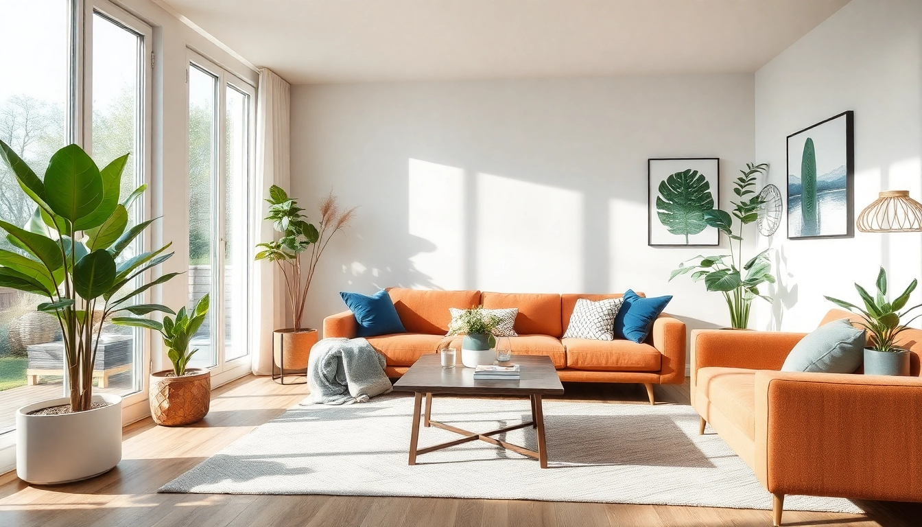 Moderne Wohnzimmerraumgestaltung mit natürlichen Farben und harmonischem Licht.