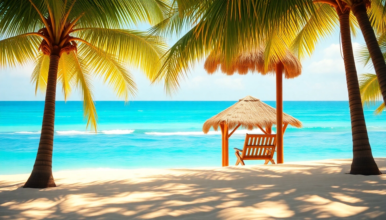 Relaxing coastal cabana by the beach with palm trees and ocean view.