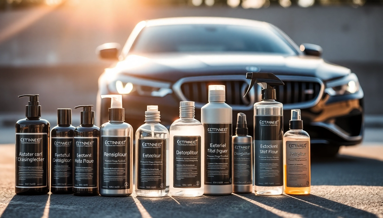 Glänzende Detailing Produkte für die Fahrzeugpflege in ansprechender Präsentation.