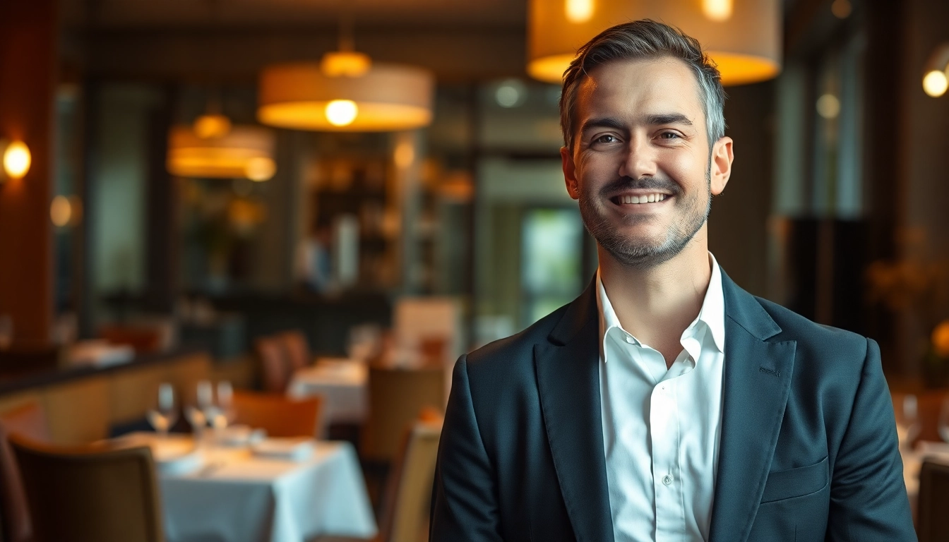 Headhunter Gastronomie, der Lebensläufe in einem eleganten Restaurant prüft.