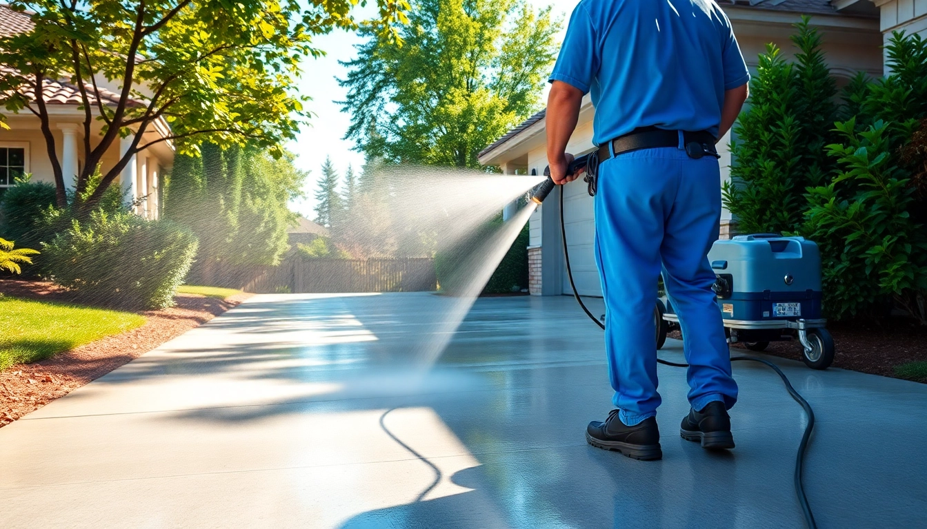 Driveway pressure wash service revitalizing a suburban driveway with professional equipment.