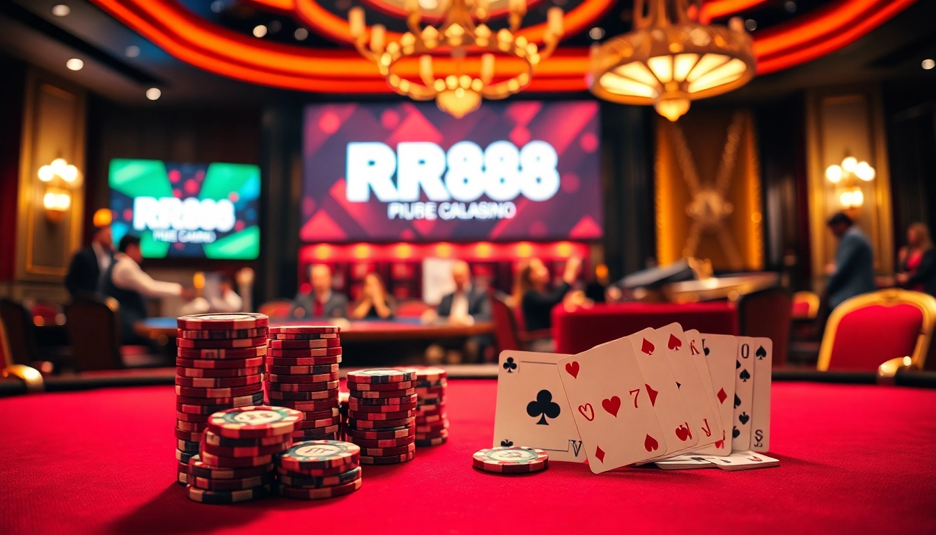 Players engage in intense poker action at RR88, showcasing thrilling casino excitement and luxurious design.