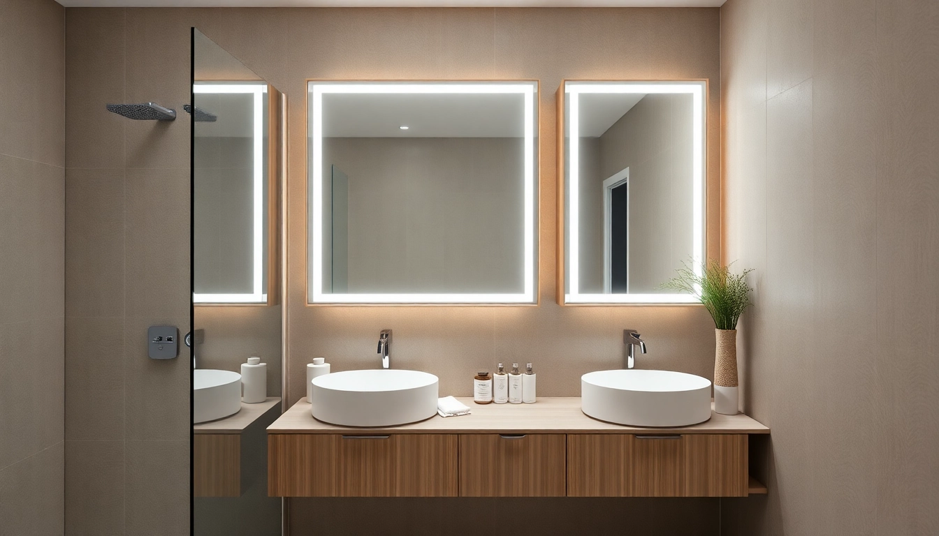 Eleganter Spiegelschrank LED mit warmem Licht in modernem Badezimmer.