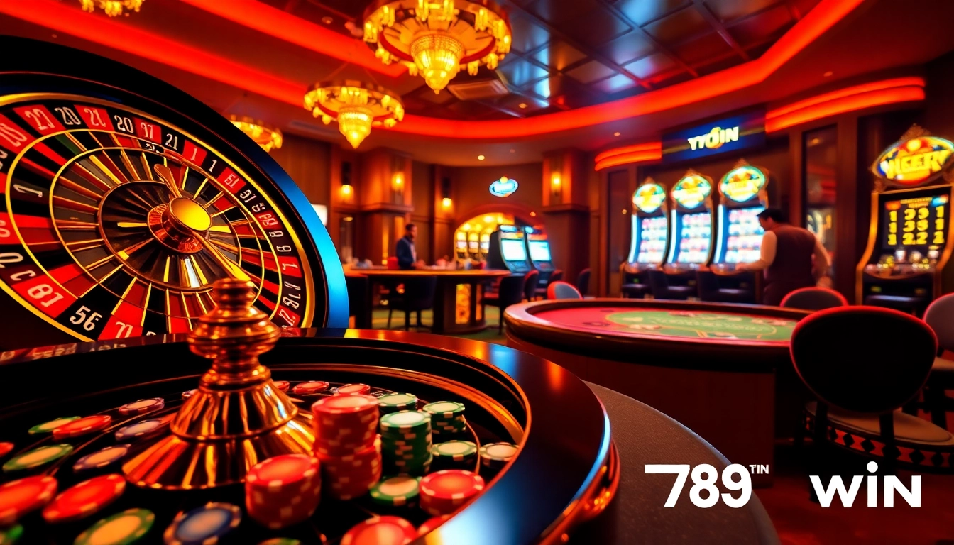 Experience the thrill of 789 win with a vibrant casino scene featuring poker chips and roulette.