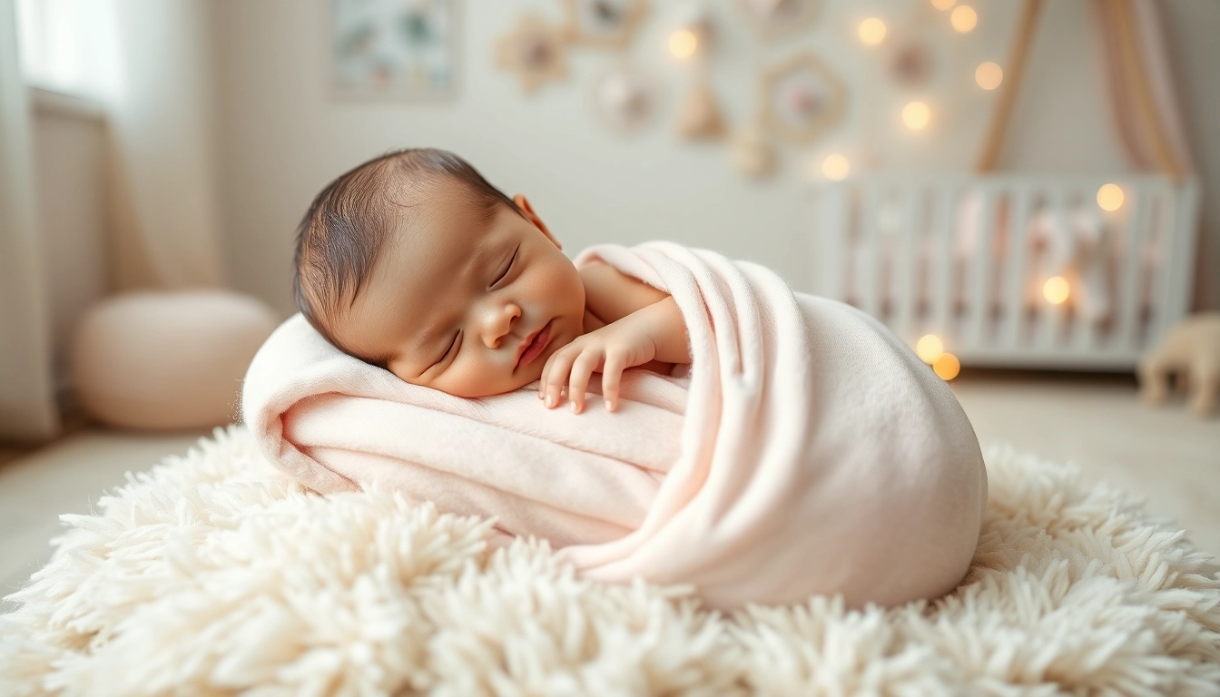 Neugeborenen Babyshooting mit schlafendem Baby in sanften Farben und gemütlicher Umgebung.