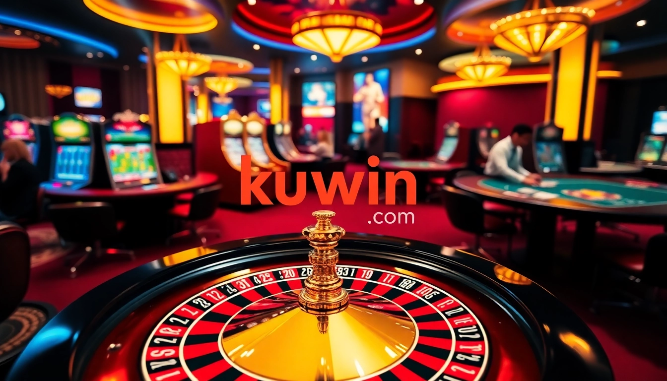 Experience the excitement of kuwin.com with luxury casino elements and engaging players at a roulette table.