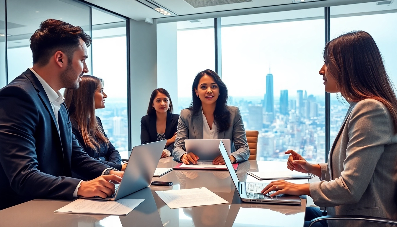 Headhunter in a modern office, actively engaging candidates during recruitment interviews.