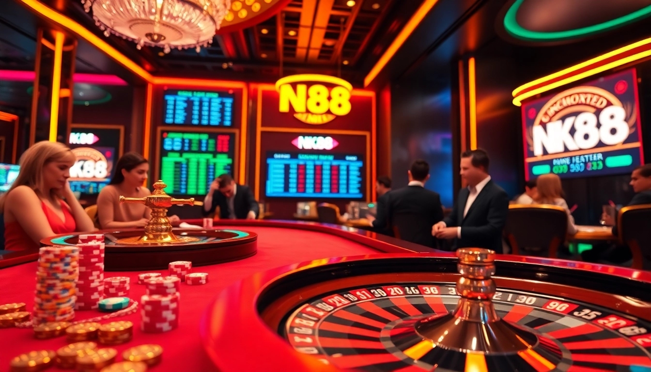 Engaging players in a dynamic NK88 lottery casino scene with vibrant neon lights.
