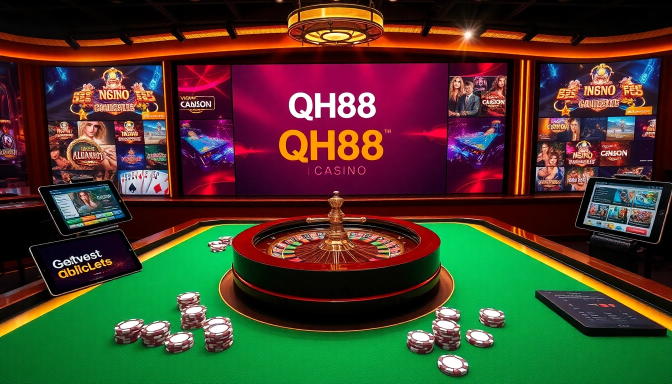Exciting gambling scene featuring QH88 logo with roulette table and poker chips.