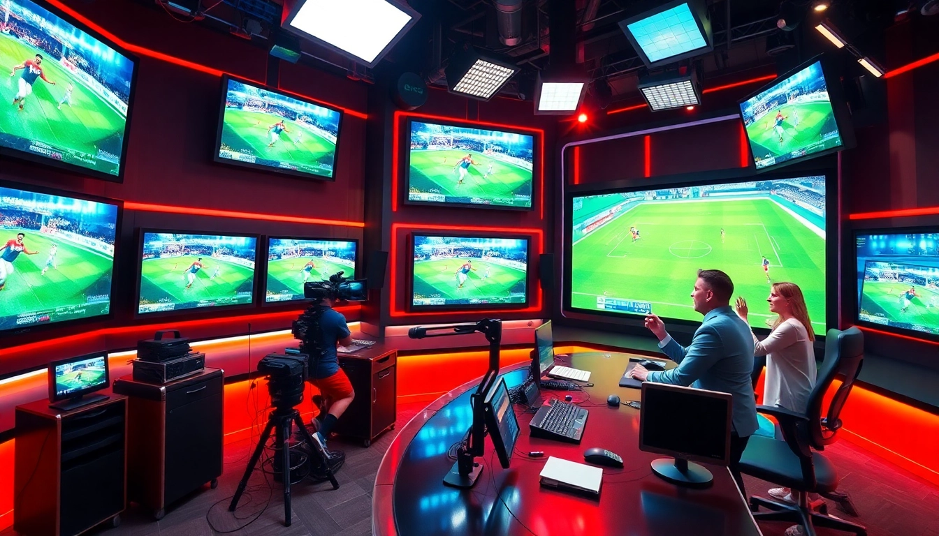 Engaging sports broadcasting studio scene showcasing hosts and dynamic screens.
