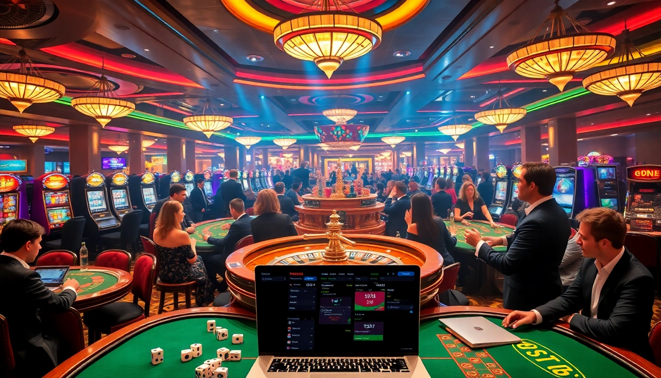 Experience the excitement of winning at https://fun79.bio/ with luxurious casino gaming tables and vibrant slot machines.