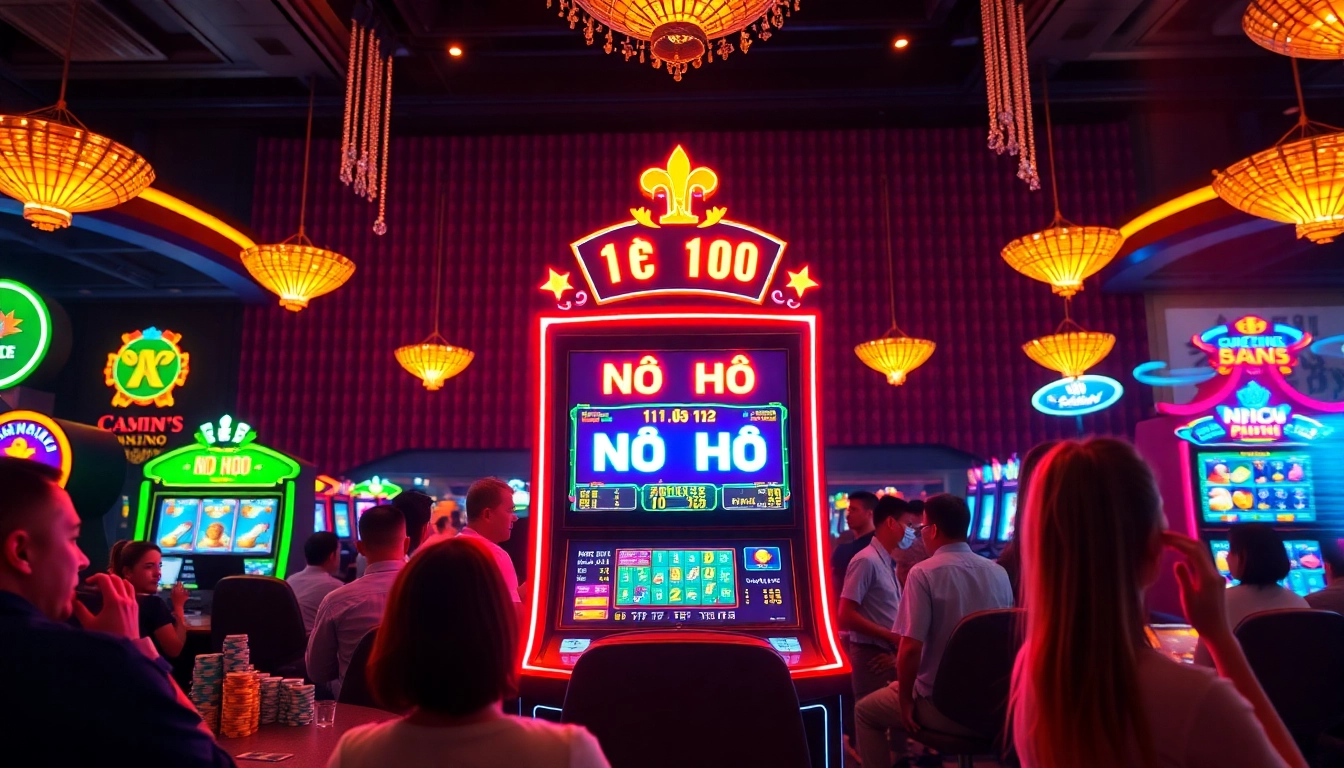 Players celebrating a big win on a "Nổ Hũ" slot machine in a luxurious casino setting.