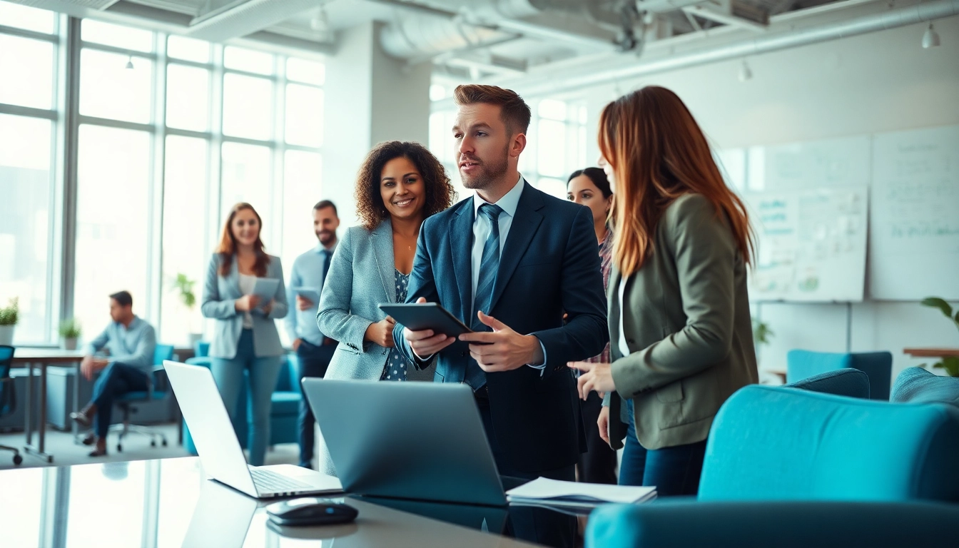 Headhunter IT engagiert mit Kandidaten in einem modernen Büro, dynamische Interaktionen und Technologie.