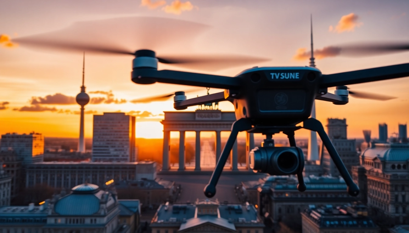 Drohnenvideos Berlin: Atemberaubende Luftaufnahmen der Berliner Skyline mit ikonischen Landmarken.