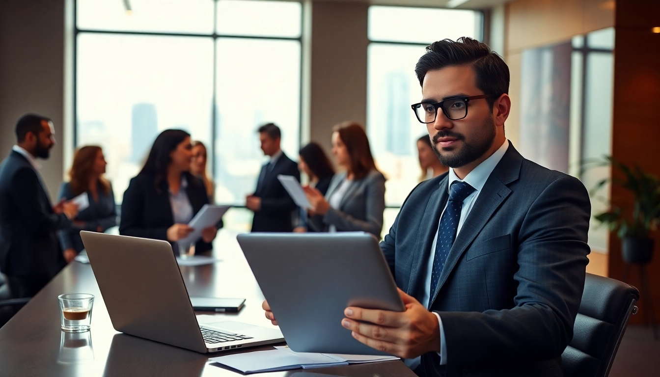 Headhunter Schweiz in einem modernen Büro umgeben von professionellen Geschäftsleuten.