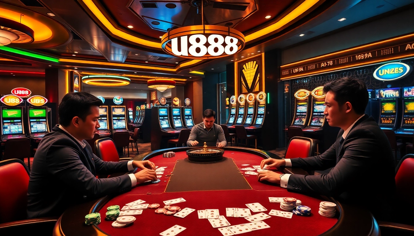 Witness thrilling U888 poker action with professional players at a high-stakes casino table.