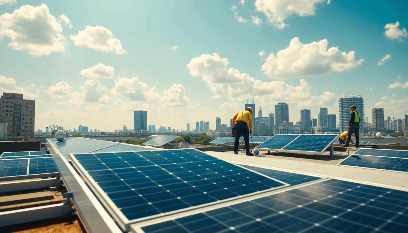 Solar Wien zeigt moderne Solaranlagen auf städtischen Dächern mit einem strahlend blauen Himmel.