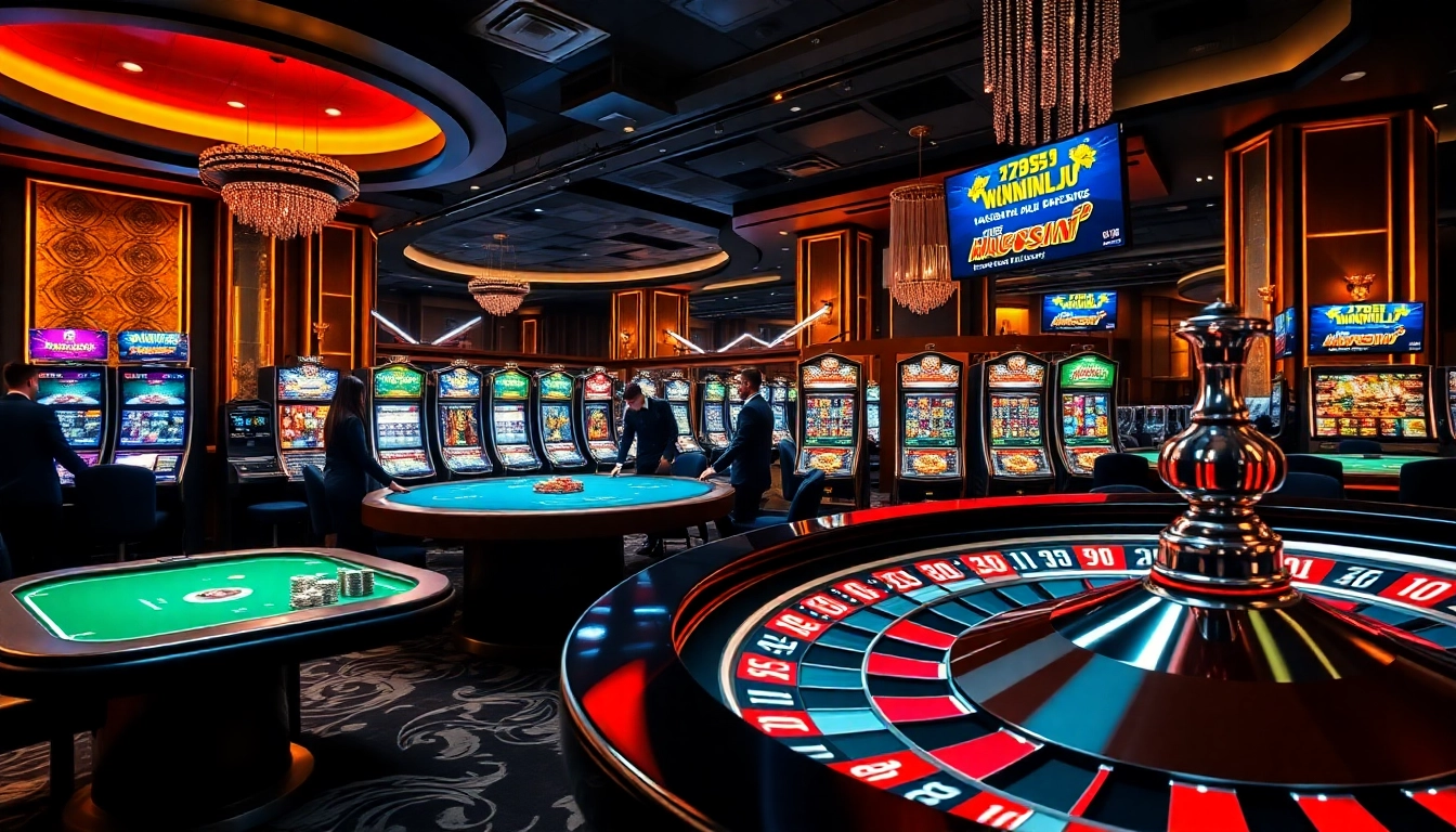 Experience thrilling betting action on https://789winjj.com/ with players enjoying an upscale casino environment featuring slot machines and poker tables.