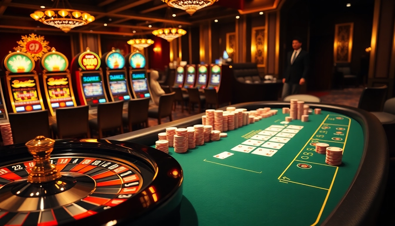 Experience the thrilling atmosphere of win678 with an elegant casino scene featuring roulette, poker, and slot machines.