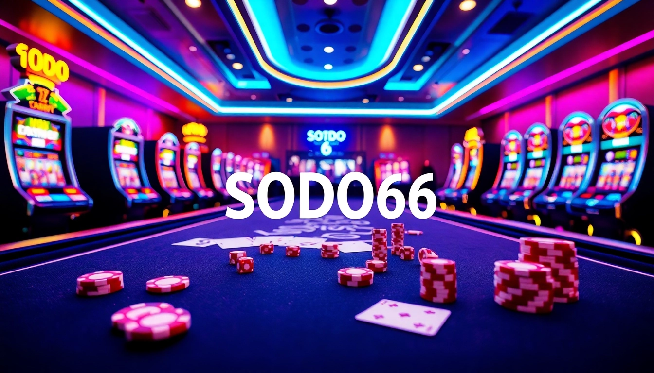 SODO66 online casino scene featuring vibrant gaming elements like poker chips and dice.