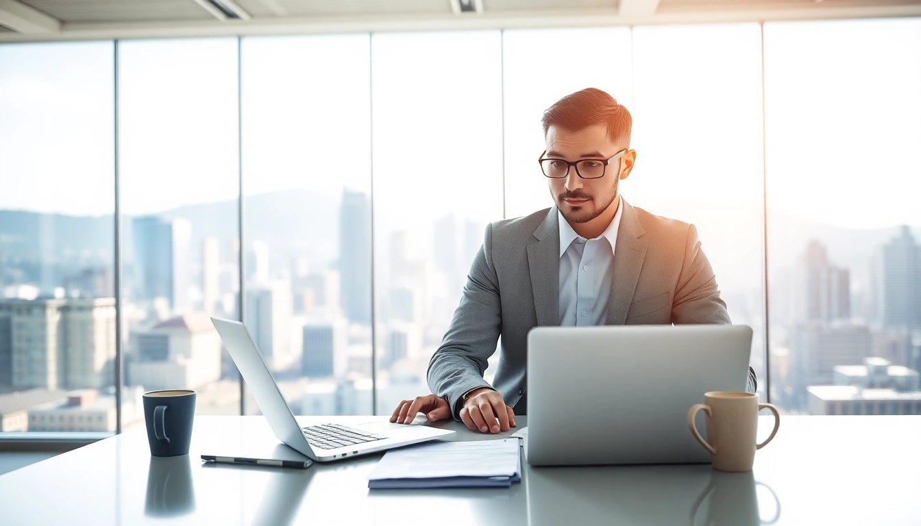 Headhunter Schweiz arbeitet in einem modernen Büro mit Blick auf die Stadt