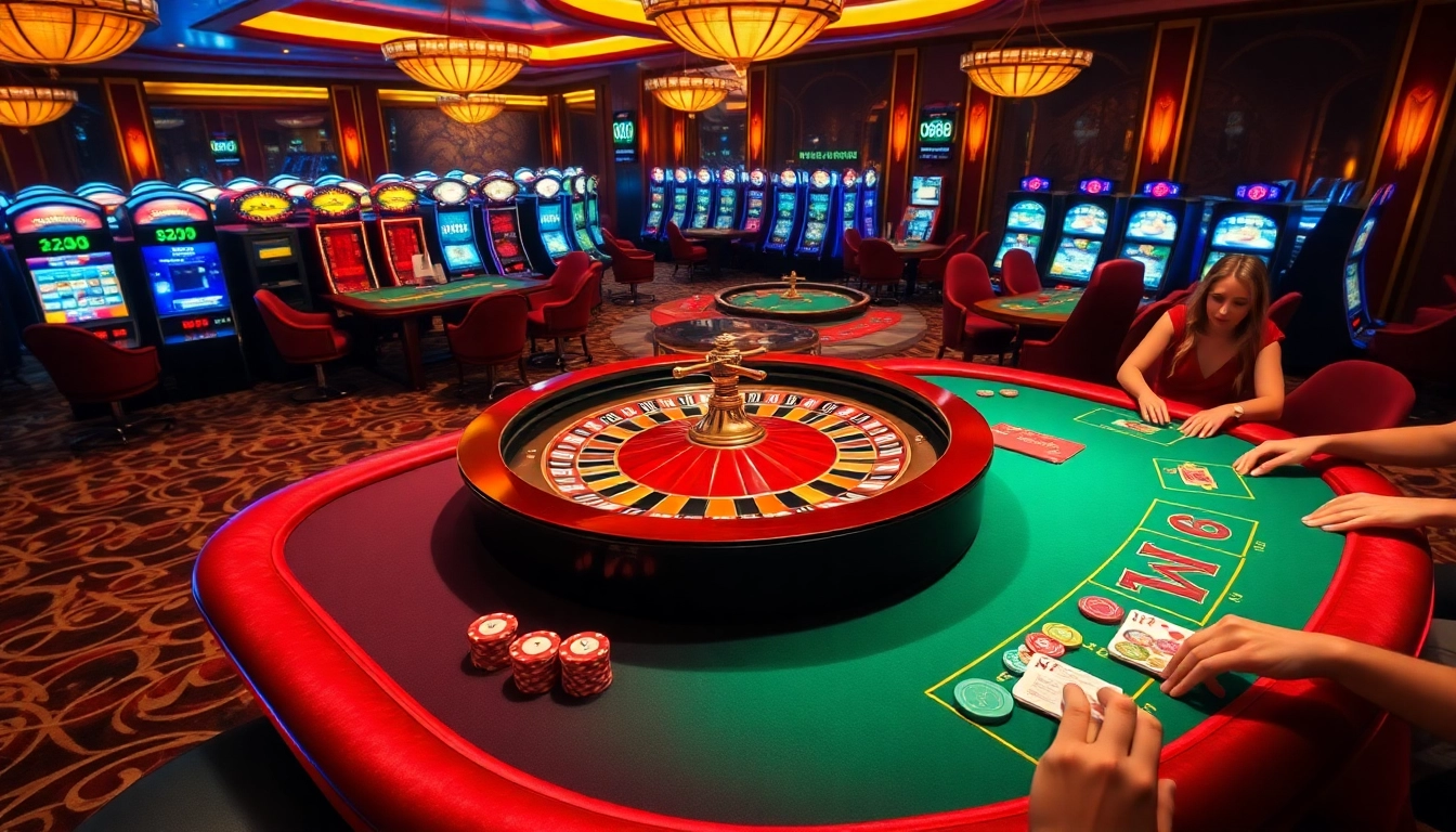 Experience the excitement of u888 with a vibrant casino scene showcasing roulette and poker tables.
